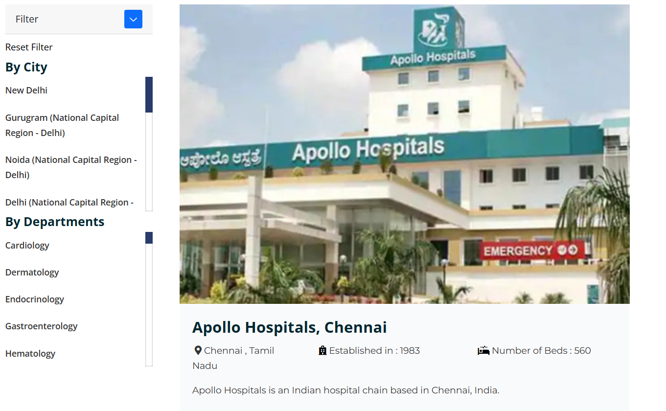 Hospitals' list containing the top hospitals for paediatrics